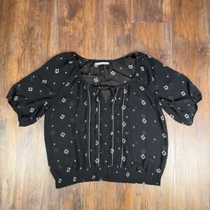 Maurices LARGE black sheer blouse boho geometric front tie